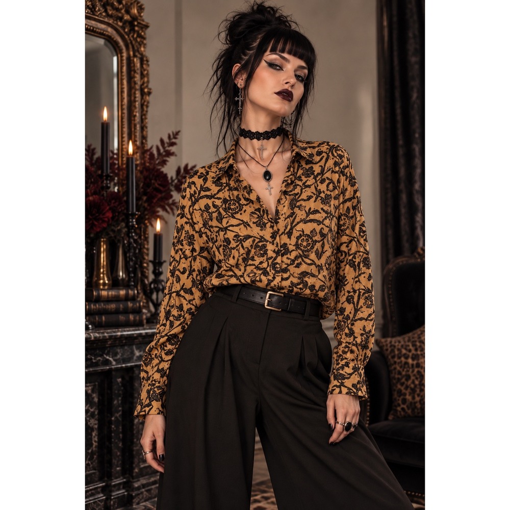 Tianello Womens Large Mustard Botanical Print Tencel Rayon Button Front Blouse